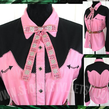 Vintage Retro Women's Cowgirl Western Shirt by Panhandle Slim, Rodeo Blouse, Pink & Black, Tag Size XLarge (see meas. photo) 