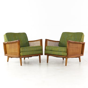Lawrence Peabody Mid Century Walnut and Cane Lounge Chairs - Pair - mcm 