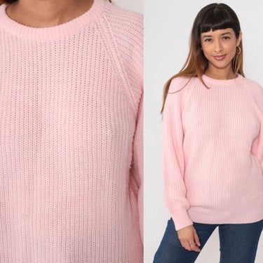 Baby Pink Sweater 90s Plain Ribbed Knit Slouchy Pullover Crewneck Jumper Pastel Raglan Sleeve Basic Acrylic Solid Vintage 1990s Medium 