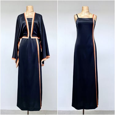 Vintage 1970s Manning Silver Black Qiana Maxi Dress w/Jacket, 70s Boutique Designer Glam Rock Slip Gown and Kimono Sleeve Bolero, Small, VFG 