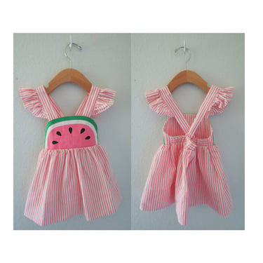 Vintage Girls Sundress Toddler Girl Watermelon Dress Pink Striped Flutter Sleeve Summer Outfit Size 2T 