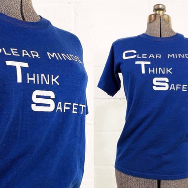 Vintage Blue Tshirt Safety Tee T-Shirt Shirt 1970s 1980s VTG Retro Screen Print Single Stitch Jerzees Unisex Small 