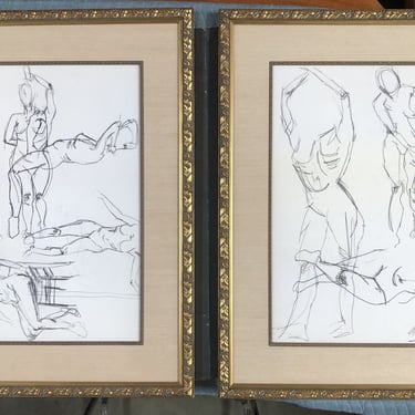 Nude Female Figural Drawlings in Gold Foil Frame, Unsigned 