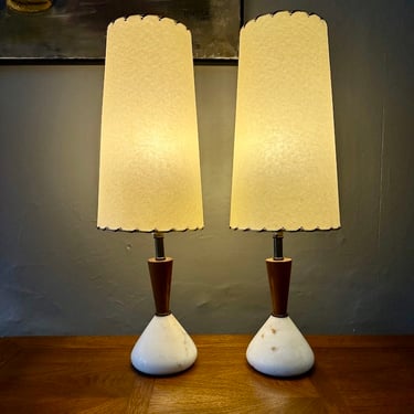Pair of Wood & Marble Boudoir Lamps with Atomic Shades