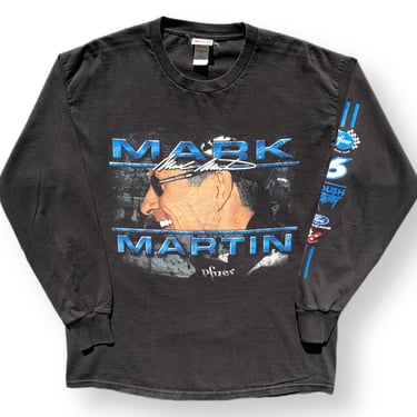 Vintage 90s Mark Martin NASCAR Double Sided Pfizer Race Car Long Sleeve Graphic T-Shirt Size Large 