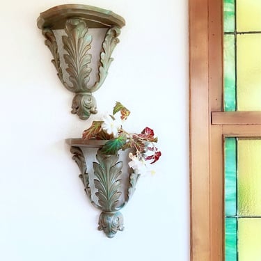 pair ornate vintagewall shelves sconces plate rack-  hand painted faux verdigris finish 