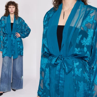 Large 90s Victoria's Secret Sheer Blue Jacquard Robe | Vintage Floral Chiffon Boho Loungewear Kimono 