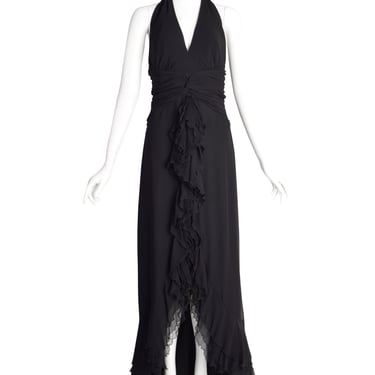 Luisa Spagnoli Vintage Black Silk Georgette Layered Train Halter Dress