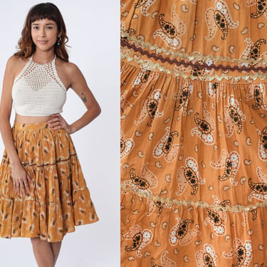 60s Circle Skirt Paisley Skirt Country Western Knee Length Skirt Boho High Waist 1960s Cotton Pin Up Vintage Orange Ric Rac Extra Small xs 