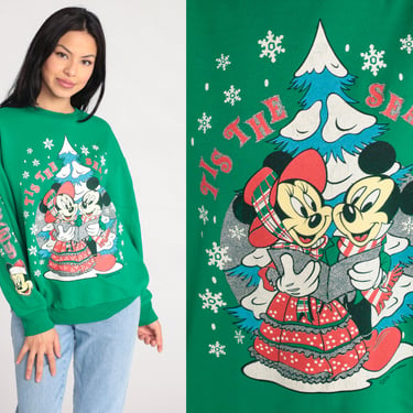 Disney Christmas Sweatshirt Mickey & Minnie Mouse Sweater 90s Tis The Season Cartoon Graphic Print 1990s Vintage Green Xmas Retro Large 
