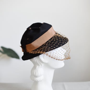 1940s Black Hat with Brown Veil 