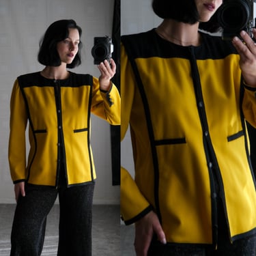 Vintage 70s Emanuel Ungaro Parallele Deep Canary Yellow & Black Framed Mod Styled Jacket | Made in Italy | 1970s Ungaro Designer Jacket 