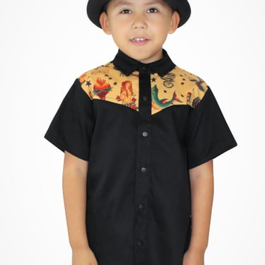 Boy's Rockabilly Tattoo Western Top in Mustard 