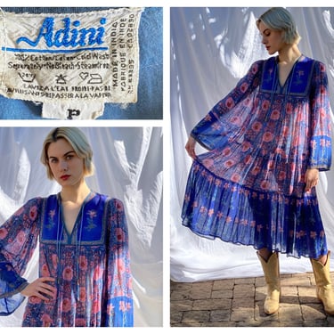 70's Adini Indian Cotton Dress / Stunning Deep Blue Boho Gold Stamped Block Printed Dress / Festival Wear / Collectible Indian Gauze Dress 