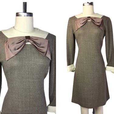1960s Mod Style Taupe Knit Dress with Oversized Satin Pussy Bow 