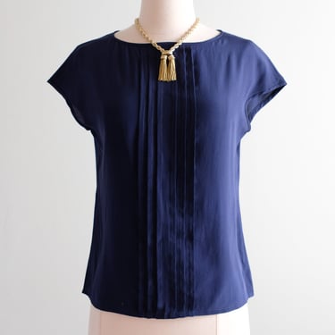 Vintage 1980's Navy Blue Silk Blouse by Valentino