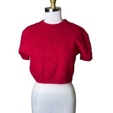 Vintage Airport Cranberry Red Cropped Angora Short Sleeve Sweater, L 