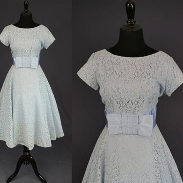 50s Pale Blue Lace Dress - Wide Satin Waistband w/ Bow - Full Skirt - An Original Jr Theme - Vintage 1950s - S 