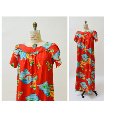 80s Vintage Red Hawaiian floral Print Dress Large Beach Cover Up Moo Moo Red Tropical Print Dress Palm Tree Rainbow Hawaiian Print dress 