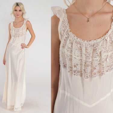 50s Silk Nightgown White Lace Lingerie Maxi Dress Sheer Full Length Slip Long Negligee Wedding Bridal Fifties Romantic Vintage 1950s Medium 
