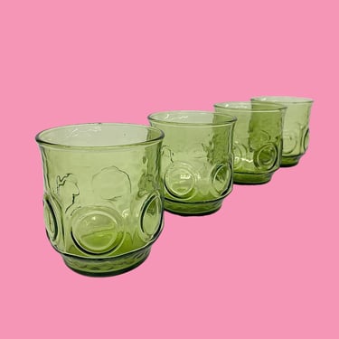 Vintage Water Tumblers Retro 1970s Mid Century Modern + Anchor Hocking + Heritage Hill + Avocado Green + Glass + Set of 4 + Drinking Kitchen 