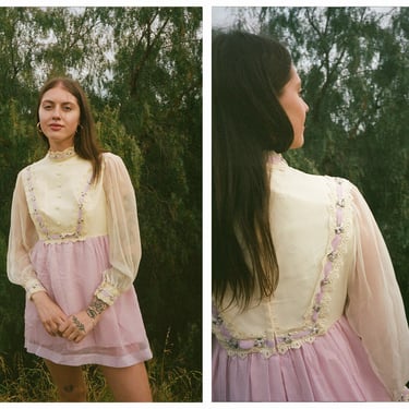 Vintage 1970s 70s Lilac Silk Chiffon Floral Prairie Mini Dress w/ Full Length Sheer Balloon Sleeves 
