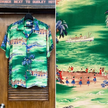 Vintage 1950’s Size L Hula Girl x Lurline Tropical Island Tiki Crepe Hawaiian Shirt, 50’s Loop Collar Shirt, Vintage Clothing 