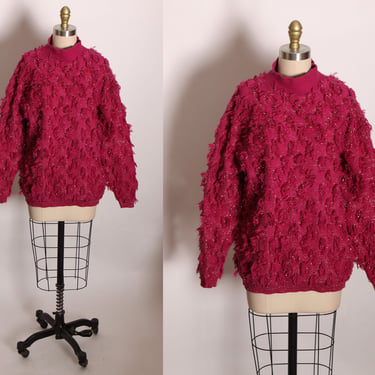 1980s Hot Pink and Gold Lurex Fringe Long Sleeve Pullover Acrylic Sweater by Radical Rags -XL 