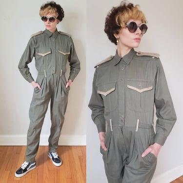 1980s Army Green Military Style Jumpsuit Unisex / 80s Long Sleeved Jumpsuit Elastic Waist Audacity / Medium 