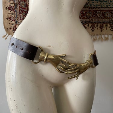Vintage ‘60s ‘70s brass hands buckle belt | soft brown leather belt, adjustable XS S M 