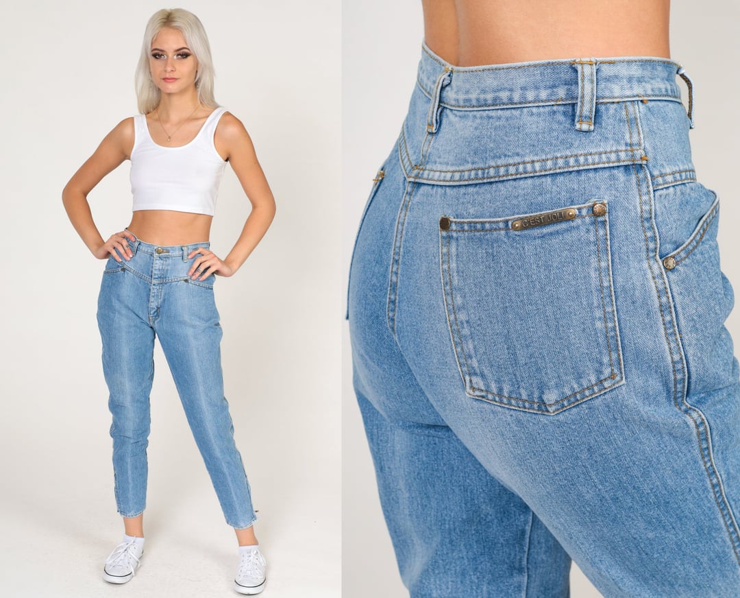 80s Bow Blue Jeans High Waisted Elastic Waist Cropped Capri Pants