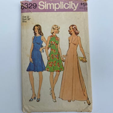 70's Vintage Simplicity 6329,  Size 12 Bust 34, UNCUT, Summer Dress 2 Lengths, 1974,  Keyhole Neckline, Empire Waist, Evening Dress 