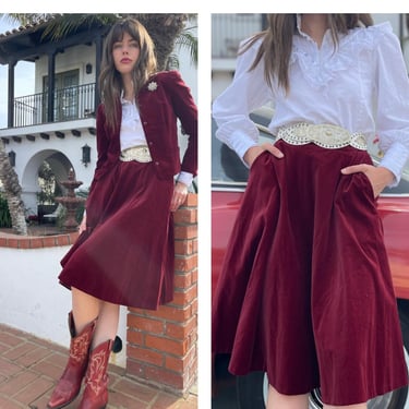 Red velvet 70s Skirt Luxurious high waist and Pockets S M 