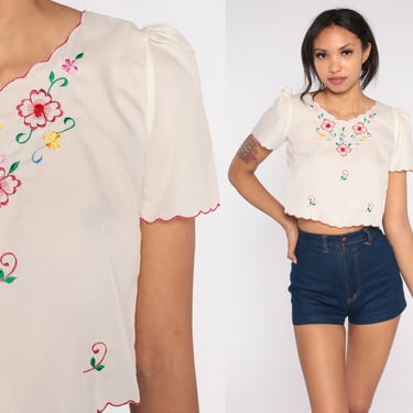 70s Peasant Shirt Embroidered Crop Top Puff Sleeve Blouse Cropped Shirt Floral 1970s Boho Hippie Vintage White Short Sleeve Small xs s 