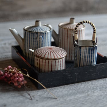 Vintage Japanese Ceramic Seasoning Set Soy Sauce Vinegar Chili Pepper, Toothpick Holder w/Tray - Mid Century 