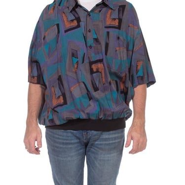 1980S Grey  Purple Cotton Blend Short Sleeve Men's Pullover Shirt 