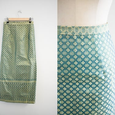 1990s Green and Gold Sari Fabric Maxi Skirt 