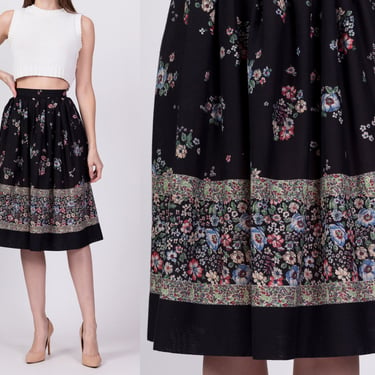 Medium 70s Boho Black Floral Midi Skirt 29.5" | Vintage Semi Sheer A Line Skirt 