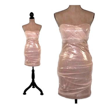Y2K Blush Pink Strapless Dress XS, Sexy Sequin Party Dress, Sparkly Mini Dress with Tulle Overlay, 2000s Clothes Women, Junior Size 7 