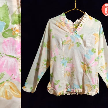 Beautiful Vintage 60s Pastel Yellow Pink Blue Green Floral Butterfly Print Cotton Blouse with Ruffle Trim 