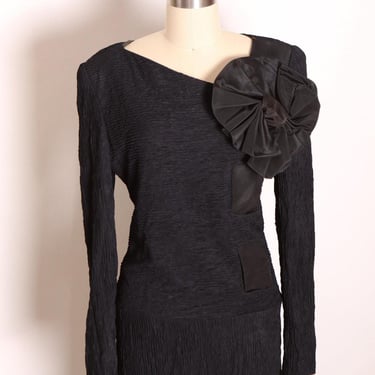 1980s Black Long Sleeve Textured Ruched Long Sleeve Oversized Bow Black Dress by Leslie Lucks -M 