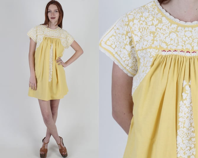 Vintage Yellow Oaxacan Dress / All White Floral Mexican Dress / Hand Embroidered Cotton Mini Dress With Pockets 