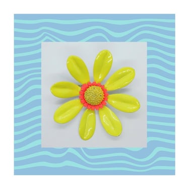 Vintage 60s Daisy Brooch - Extra Large Yellow Orange Enamel Flower Pin - Groovy Mod Hippie Jewelry 