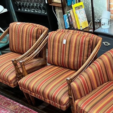 Mid century upholstered chairs
Chairs with wood arms 25” x 26” x 28” seat height 15.5”
Upholstered arm chair 31” x 30” x29” seat height 17” 