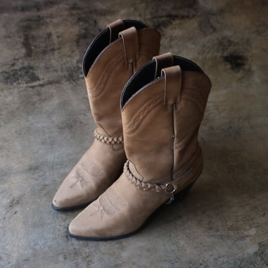 Size 7 M Cowboy Boots , Light Brown Suede Boots , Vintage Western Women's , Tan Boots 