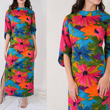 Vintage 60s TORI RICHARD Vibrant Floral Hawaiian Maxi Shift Dress w/ Scoop Hem Sleeves | 1960s Hawaiian Designer Bohemian Summer Day Dress 