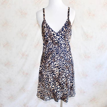 Vintage 90s Silk Slip Dress, 1990s Satin Dress, Deep V, Spaghetti Strap, Nightie, Leopard Animal Print, Mini 