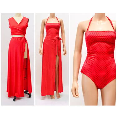 1970s 80s Red Swimsuit One Piece and Sarong Crop Top Beach Coverup Set By Carvana Small 3 Piece Swim Set with Ruched Swimsuit Wrap skirt top 