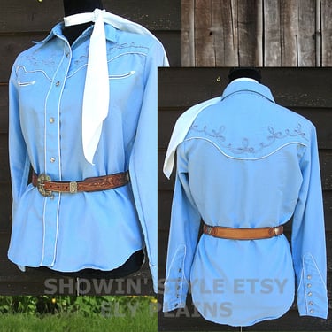 Ely Plains Womens Vintage Western Shirt, Medium Blue, Embroidered Rodeo Queen Blouse, Cowgirl Top, Size 9-10, Small (see meas. photo) 