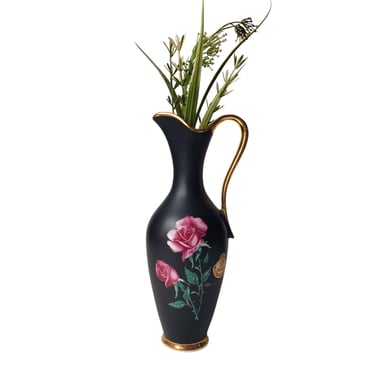 ECHT Gold Qualitatserzeugnis/ Vintage Porcelain Black Matte Floral Pitcher Vase/ 24K Gold Accents/Possibly Waldershof Bavaria 